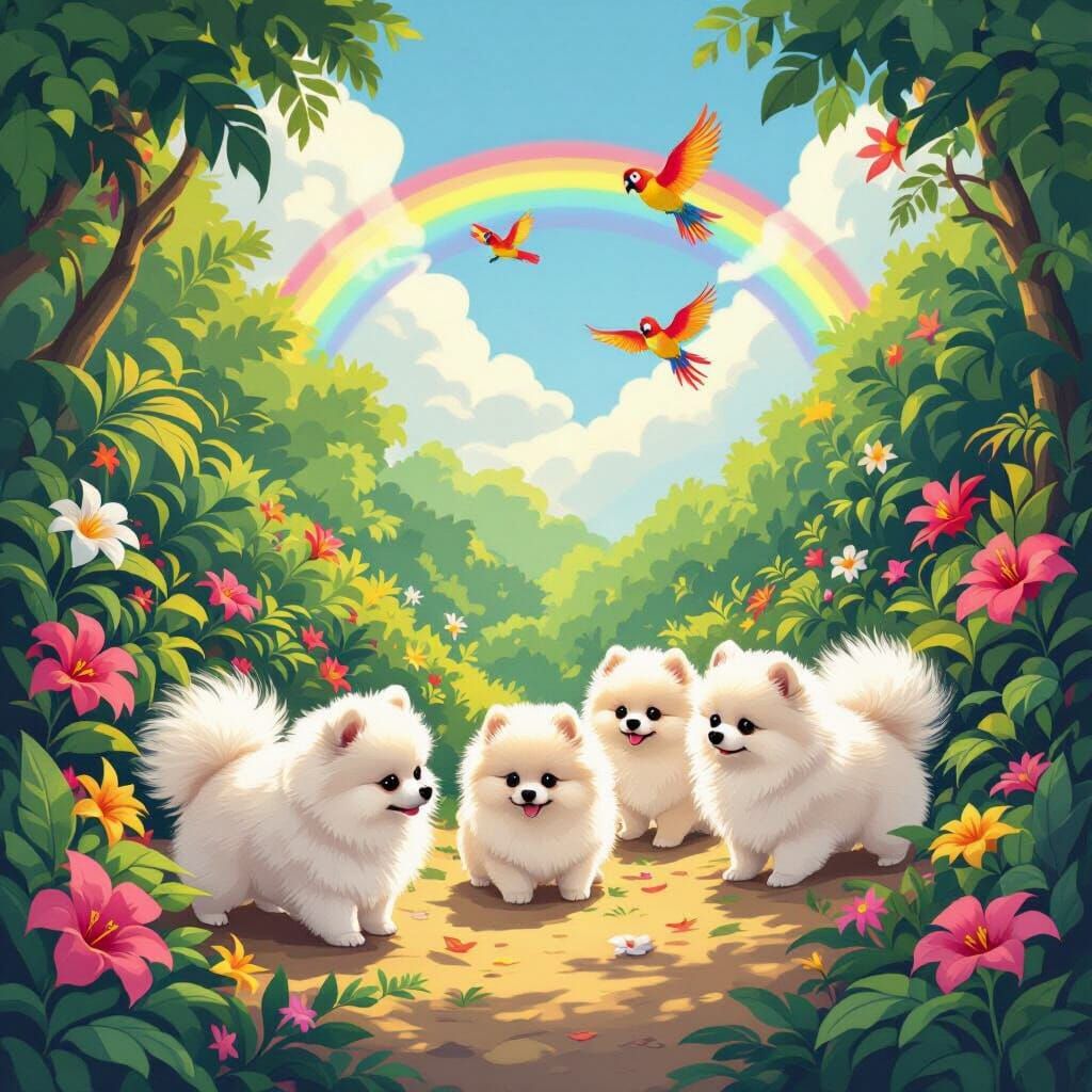 White Pomeranians Explore Vibrant Jungle With Rainbow