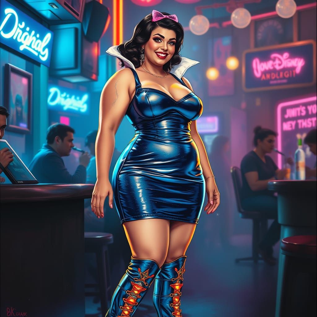 Snow White in Neon: A Hyperrealistic Oil-Guache Portrait