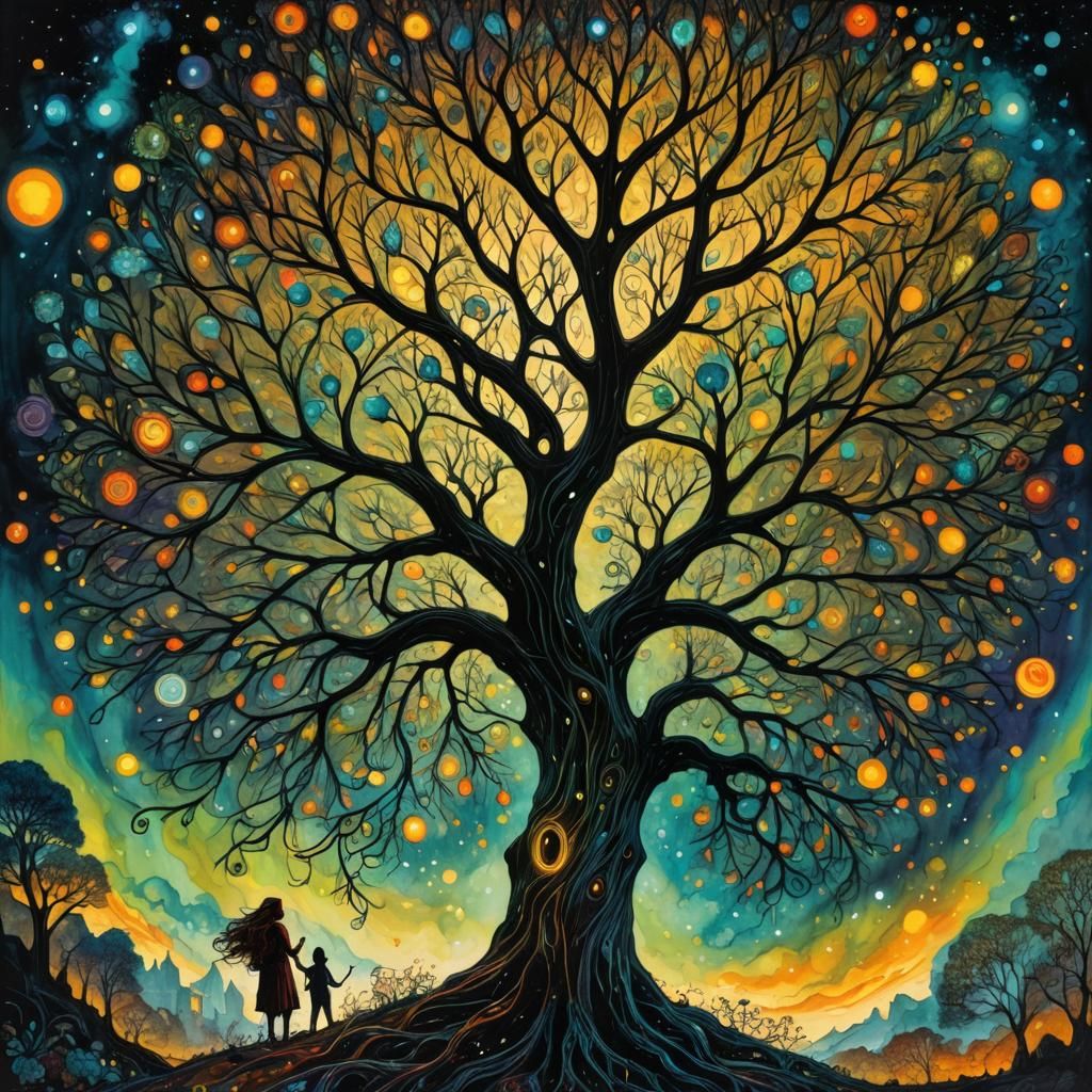 Dystopian Tree of Life in Cosmic Folk Art Style
