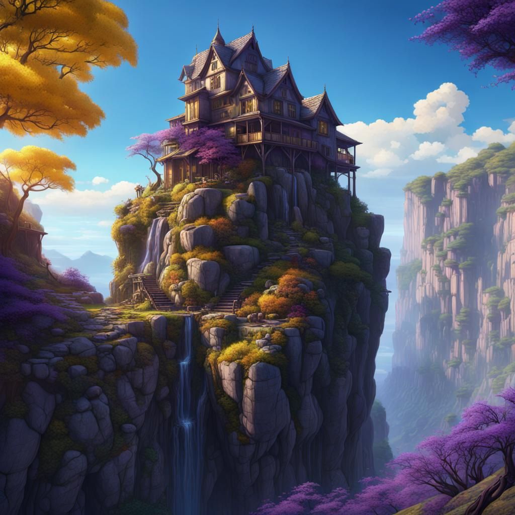 Baba Yaga's Cliffside Anime House in Dark Fantasy Style