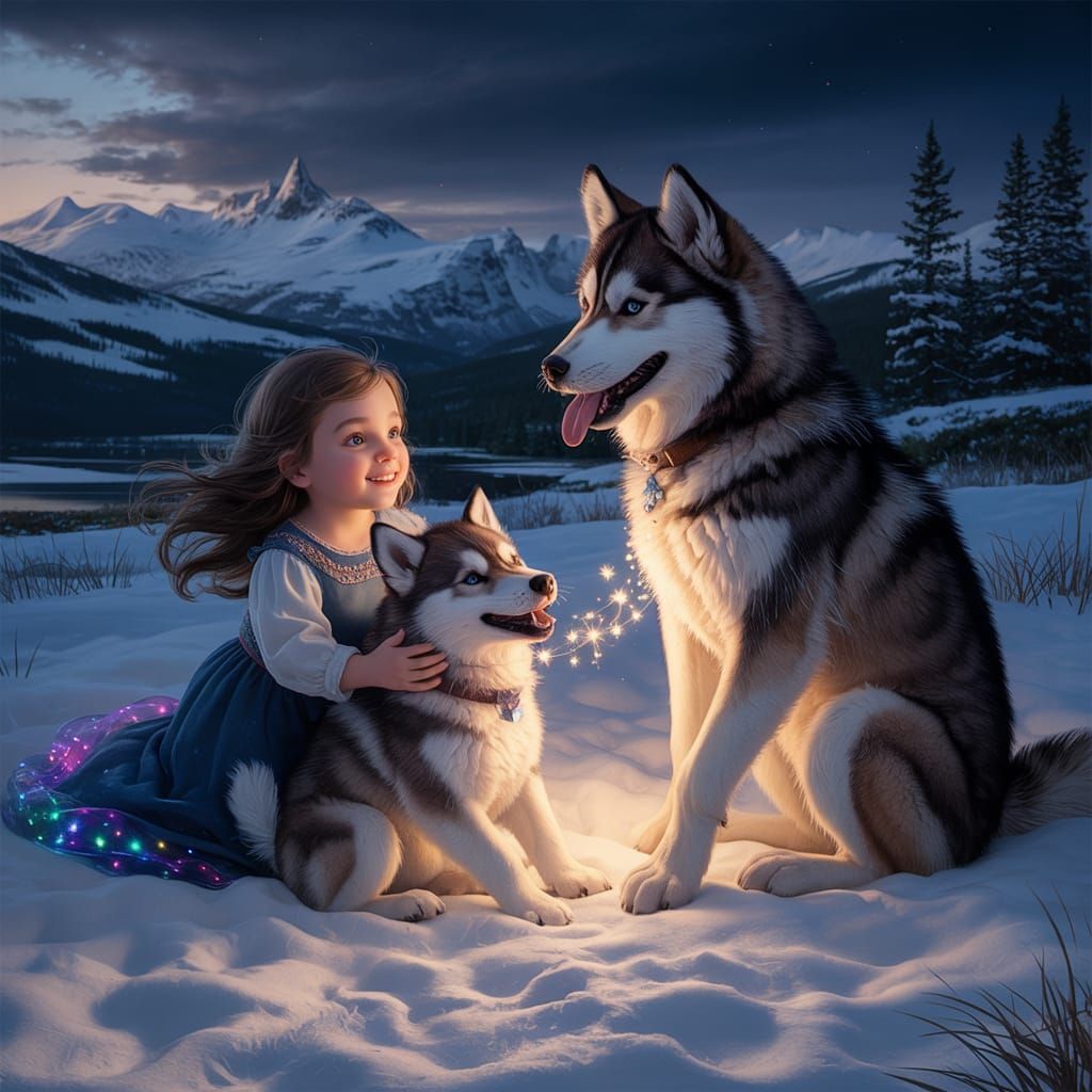 Girl and Wolf in Snowy Landscape, Digital Art
