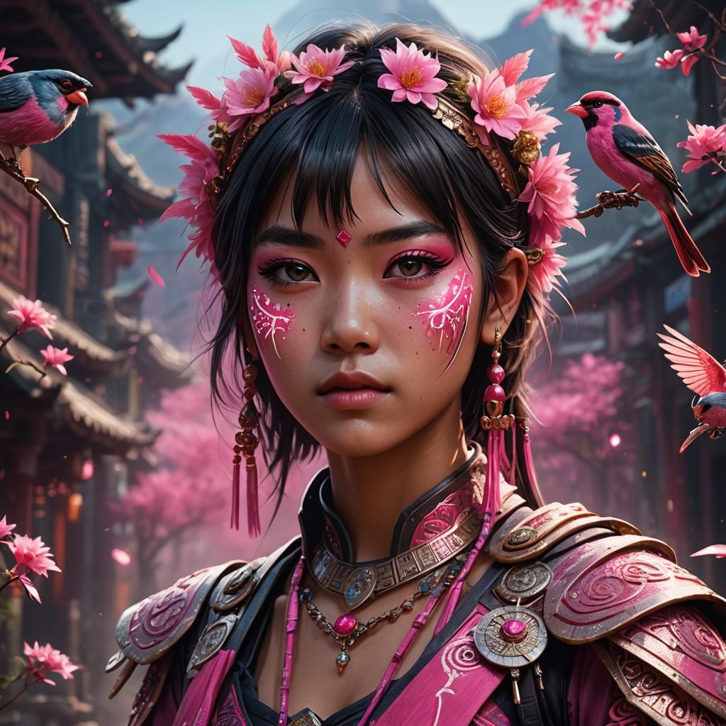 18 year old Vietnamese woman with fringe as the sparkling glittering pink finch gemstone jedi tribal warrior with facepa...