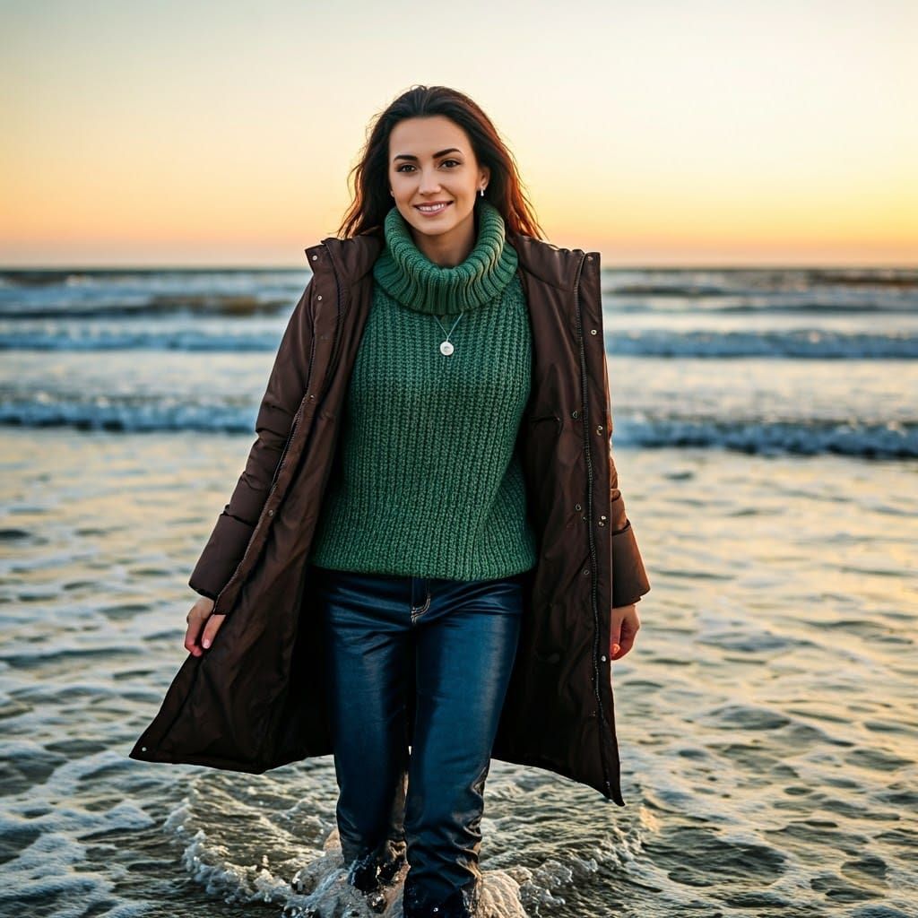 Woman Wades Through Winter Surf, Smiling Directly at the Cam...