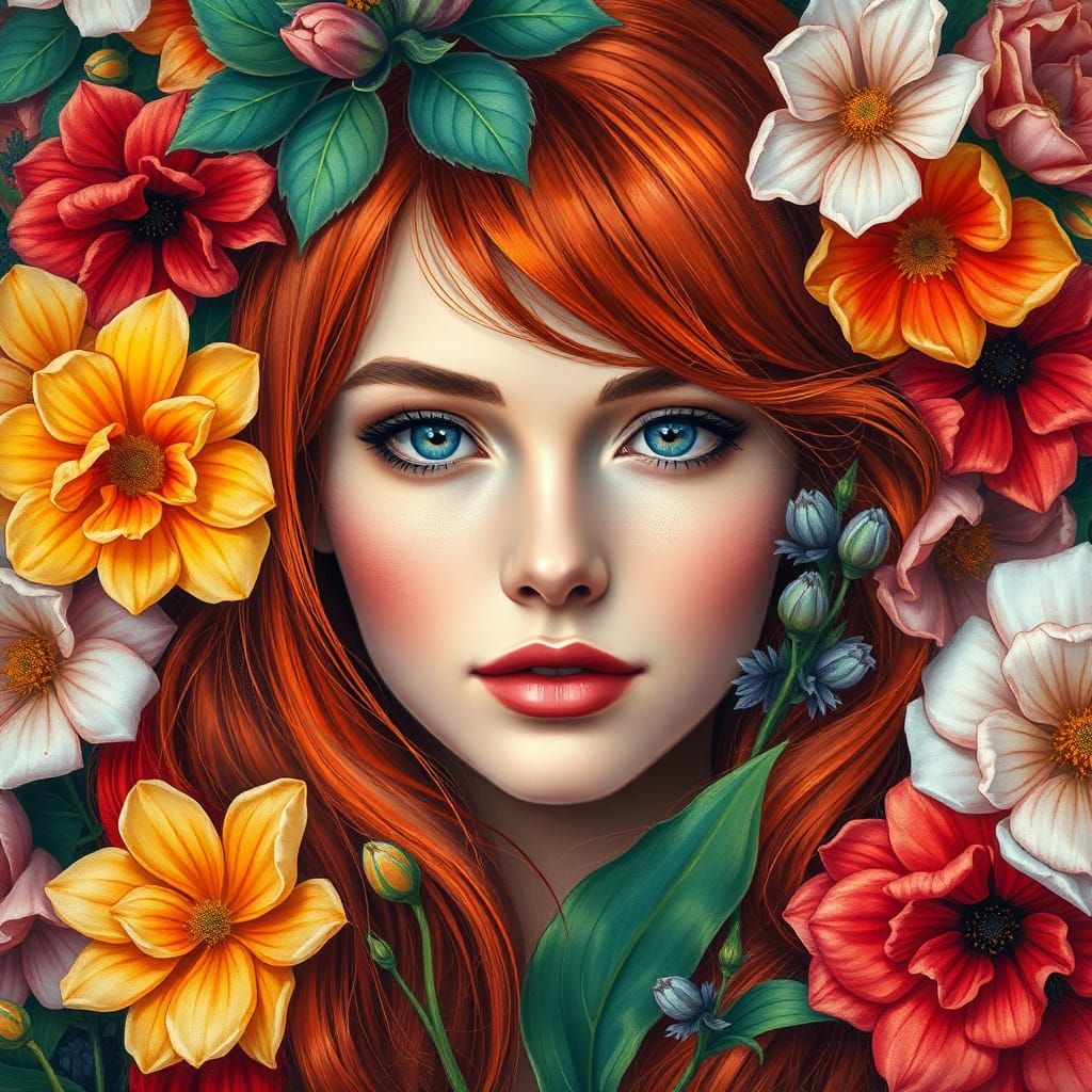 Red-Haired Woman in Floral Portrait: Impasto Style