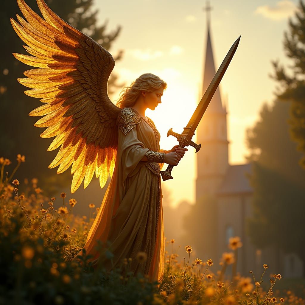Angel in Golden Armor with Sword, Cinematic Light