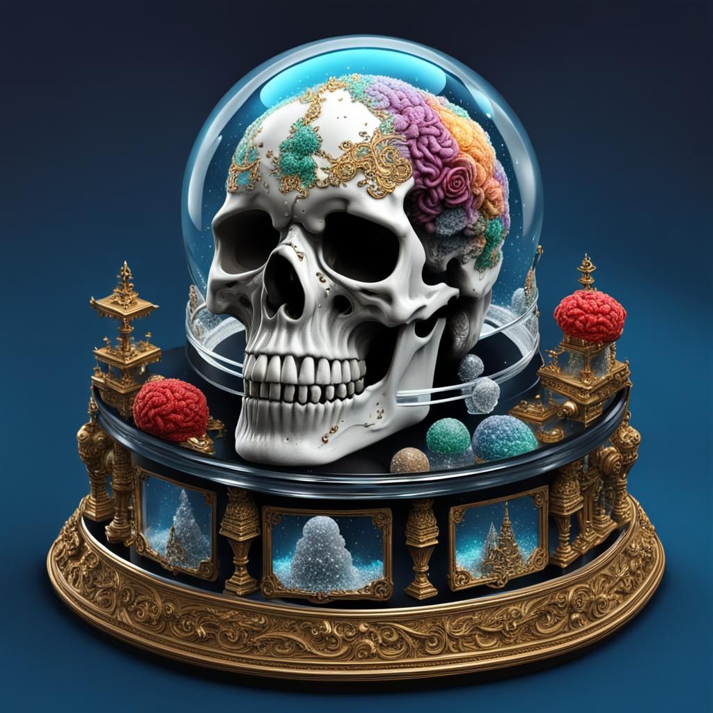 Skull with Snow Globe Brain, Ornate Isometric View