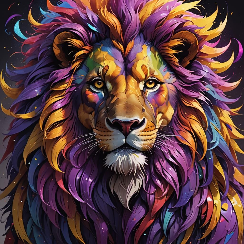 Rainbow Fursuit Lion in Dark Fantasy 2D Art