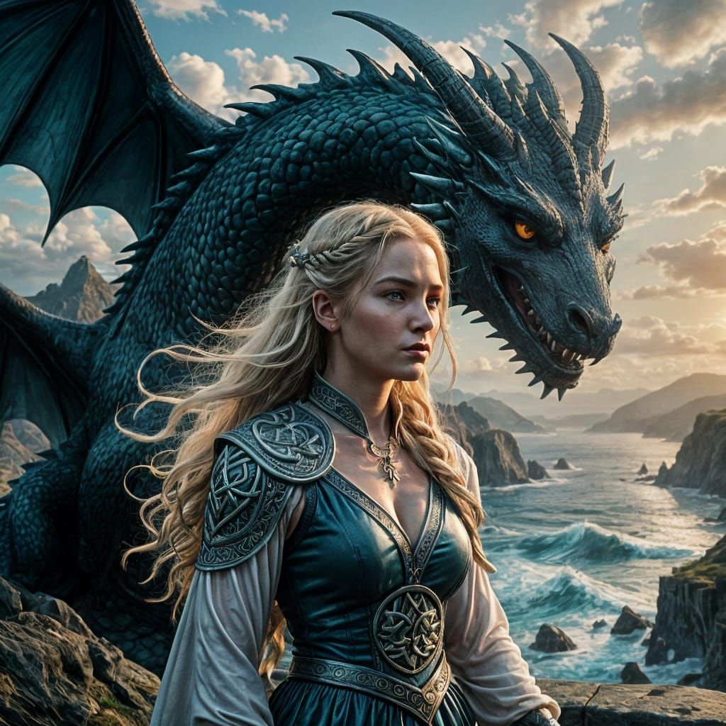 Celtic Goddess Contemplates the Ocean with a Majestic Dragon...