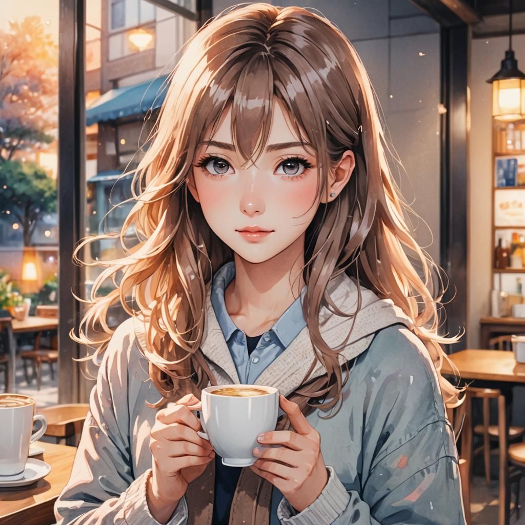 Anime Portrait of Woman with Coffee in Pastel Colors