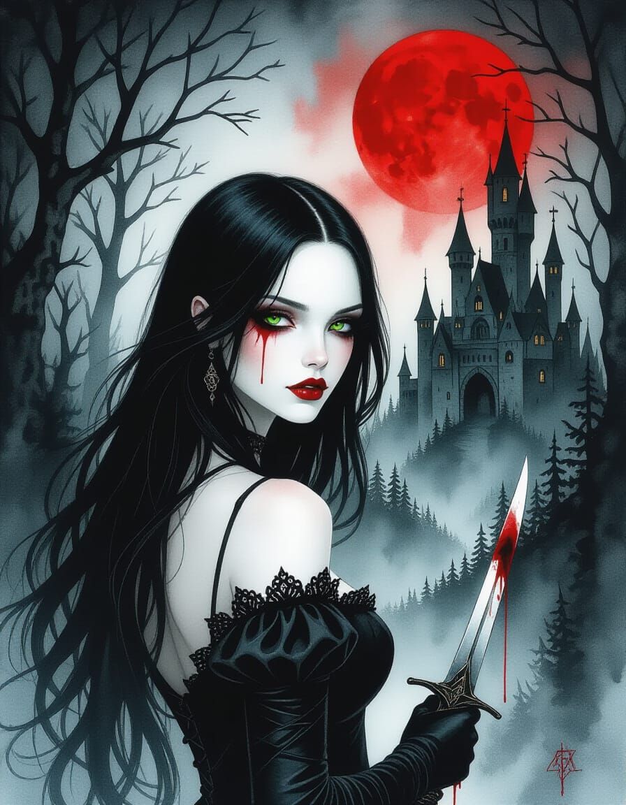 Gothic Oil Painting of a Mysterious Girl in a Dark Forest