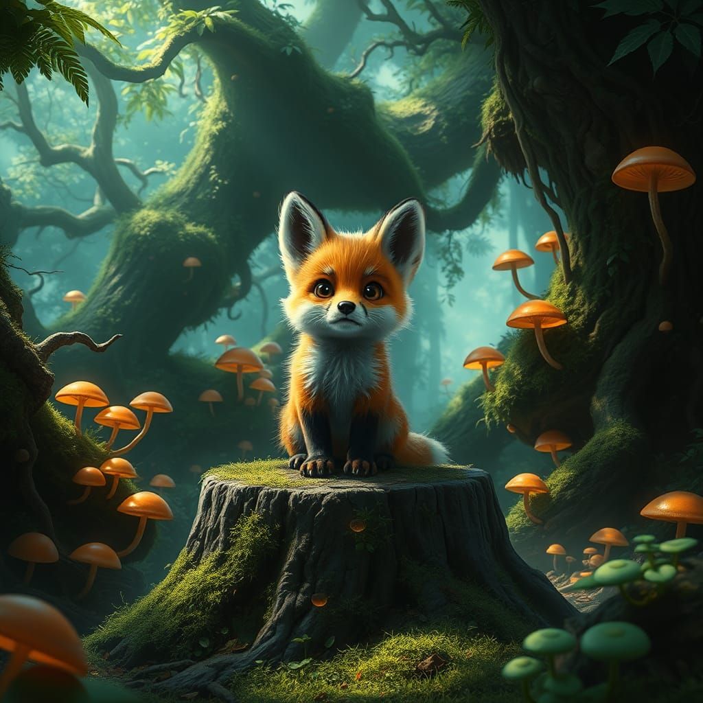 Pleading Baby Fox in Lush Fantasy Forest
