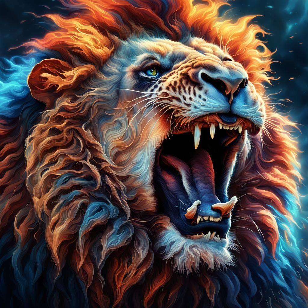 Roaring Lion in Vibrant Digital Painting