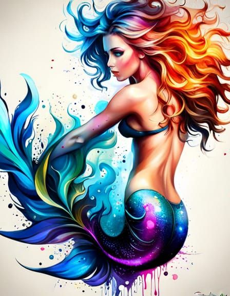 Mermaid in Fantasy Ocean Graffiti Art