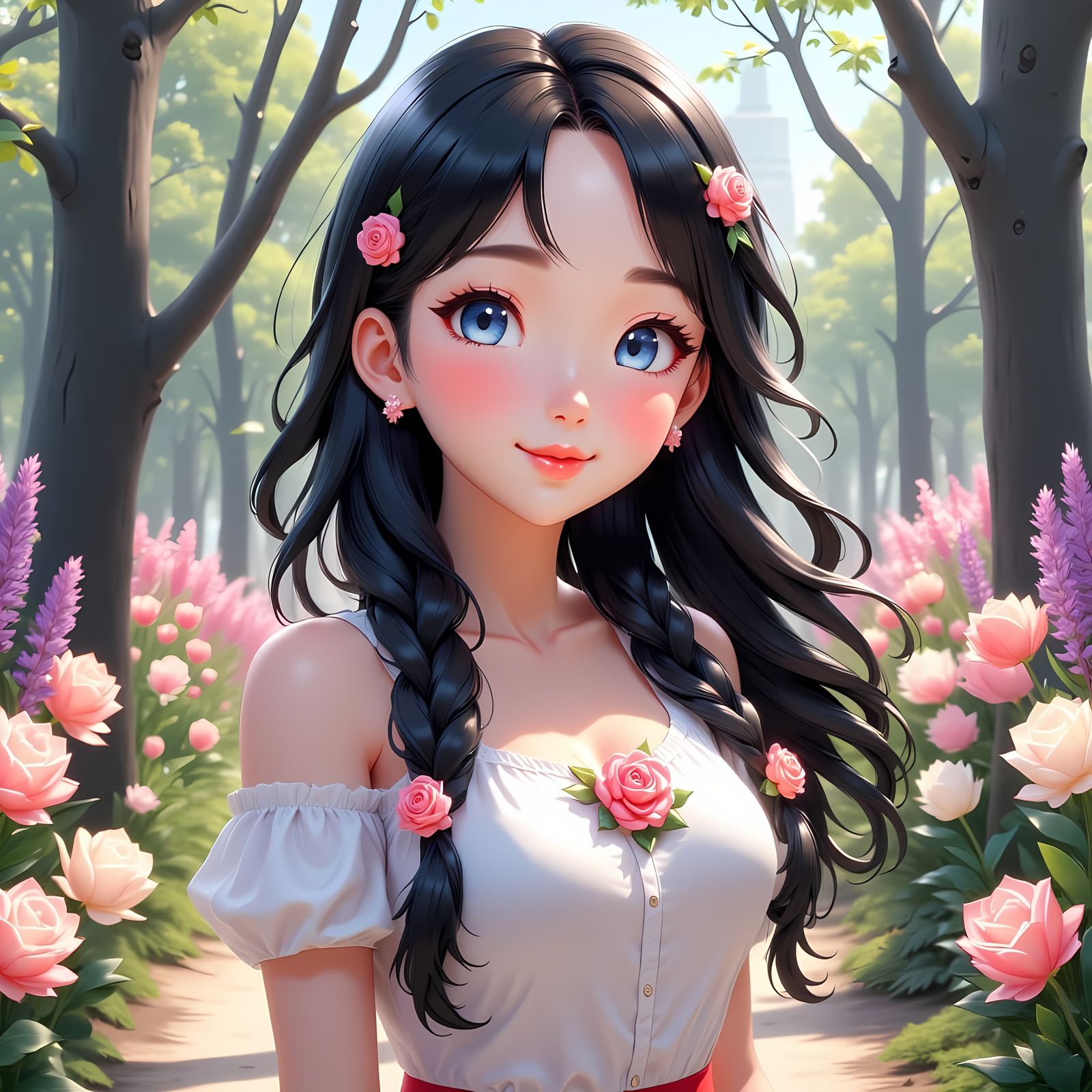 Anime Woman in Rose Garden