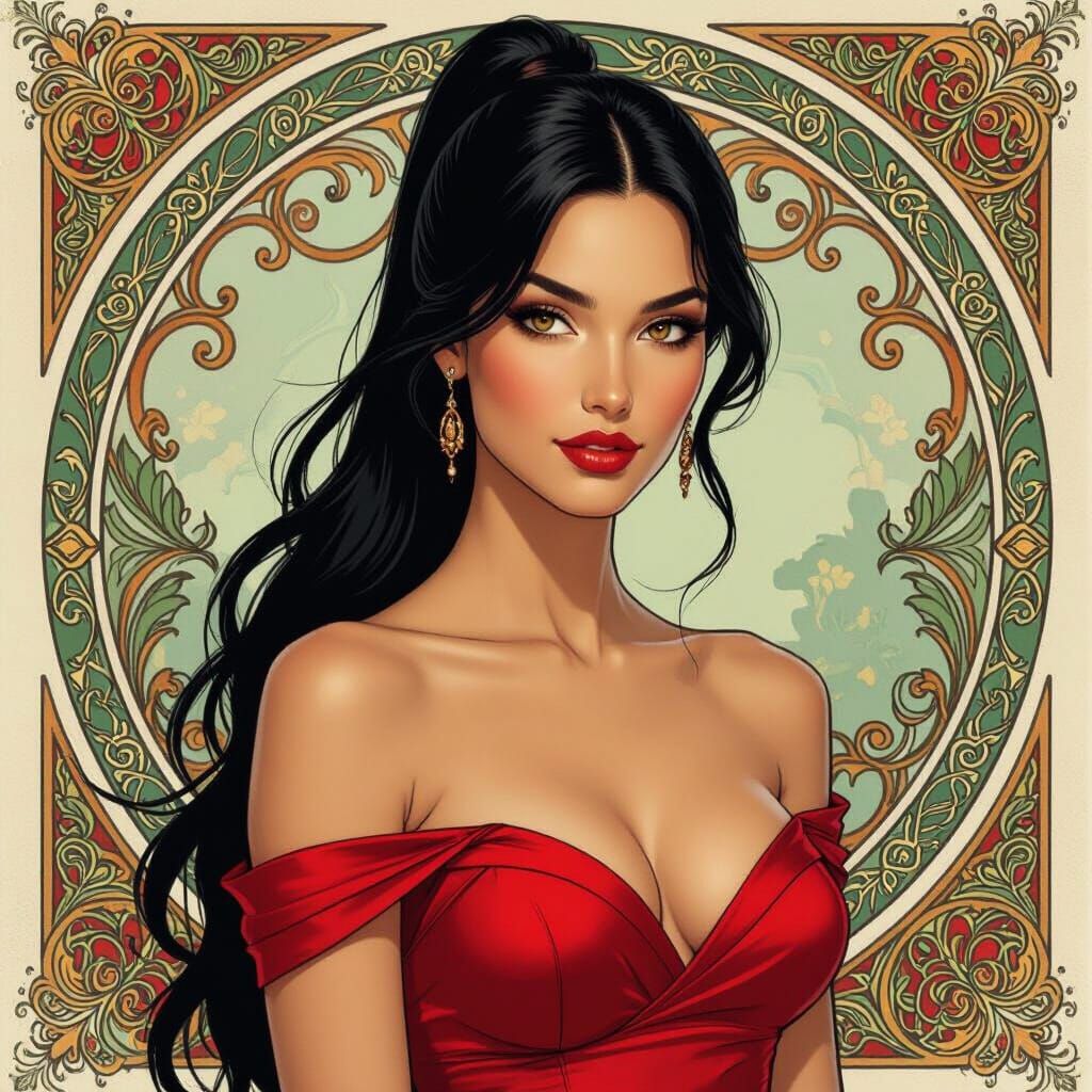 Elegant Woman in Red Dress, Art Nouveau Style