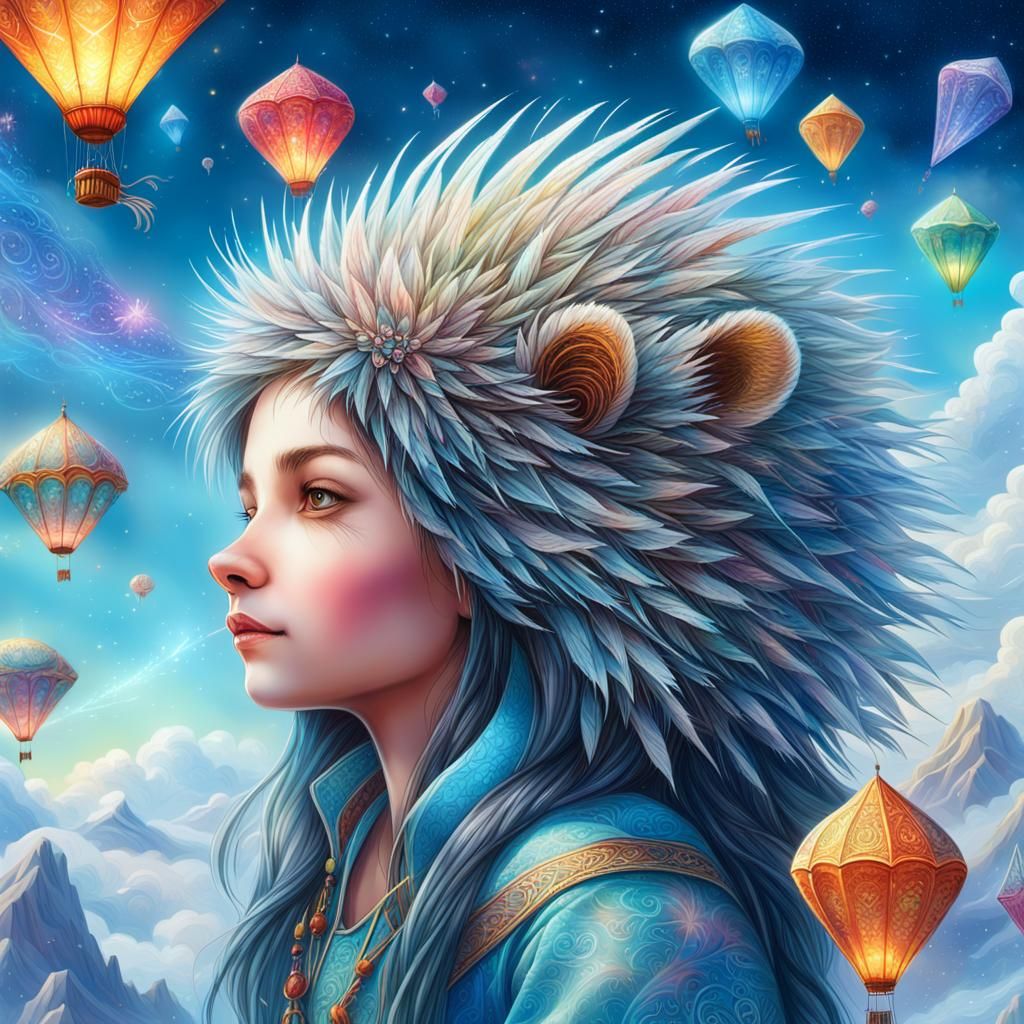 Porcupine Kite's Cosmic Flight: Fantasy Illustration