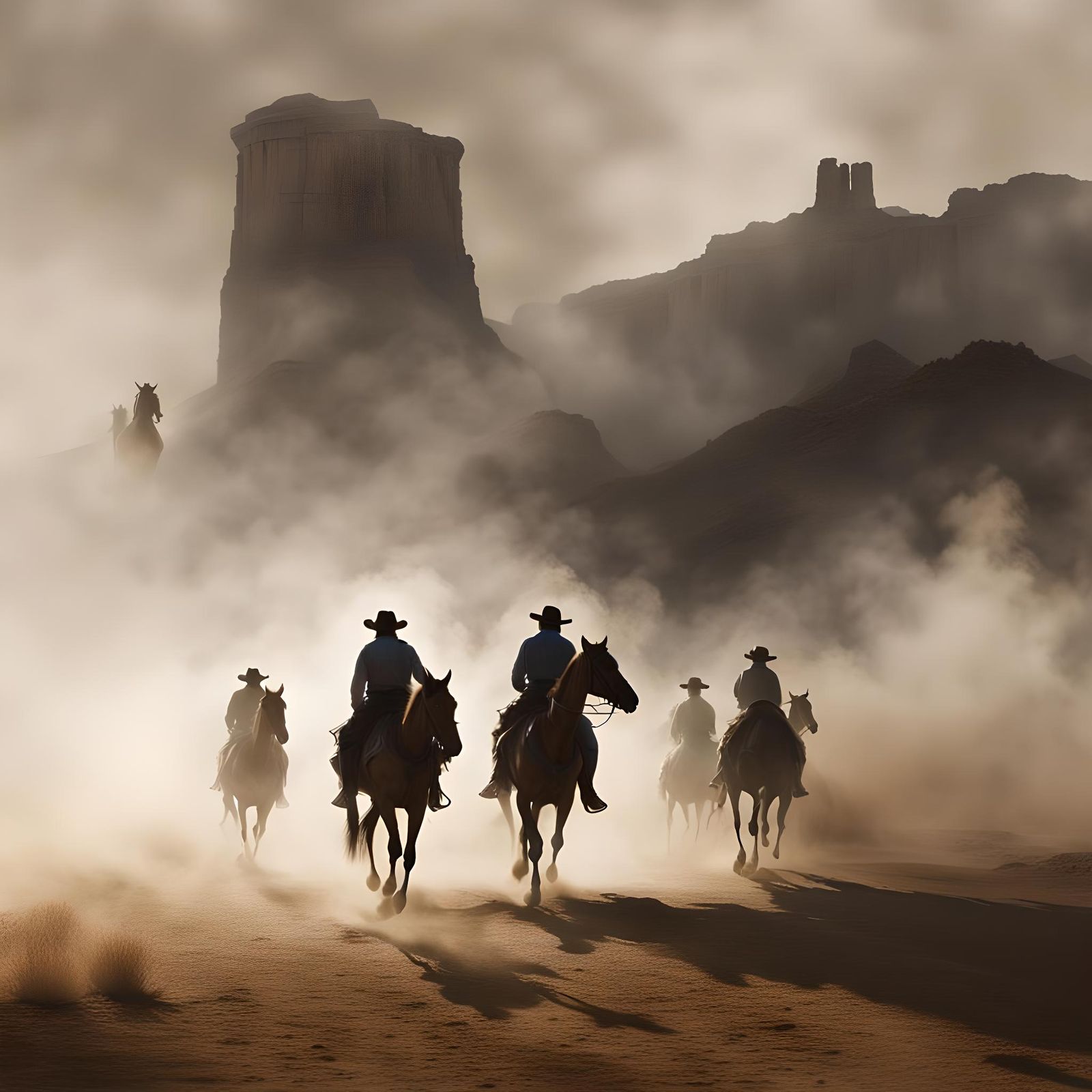 Dusty Western Scene with Cowboys in Ash-Grey