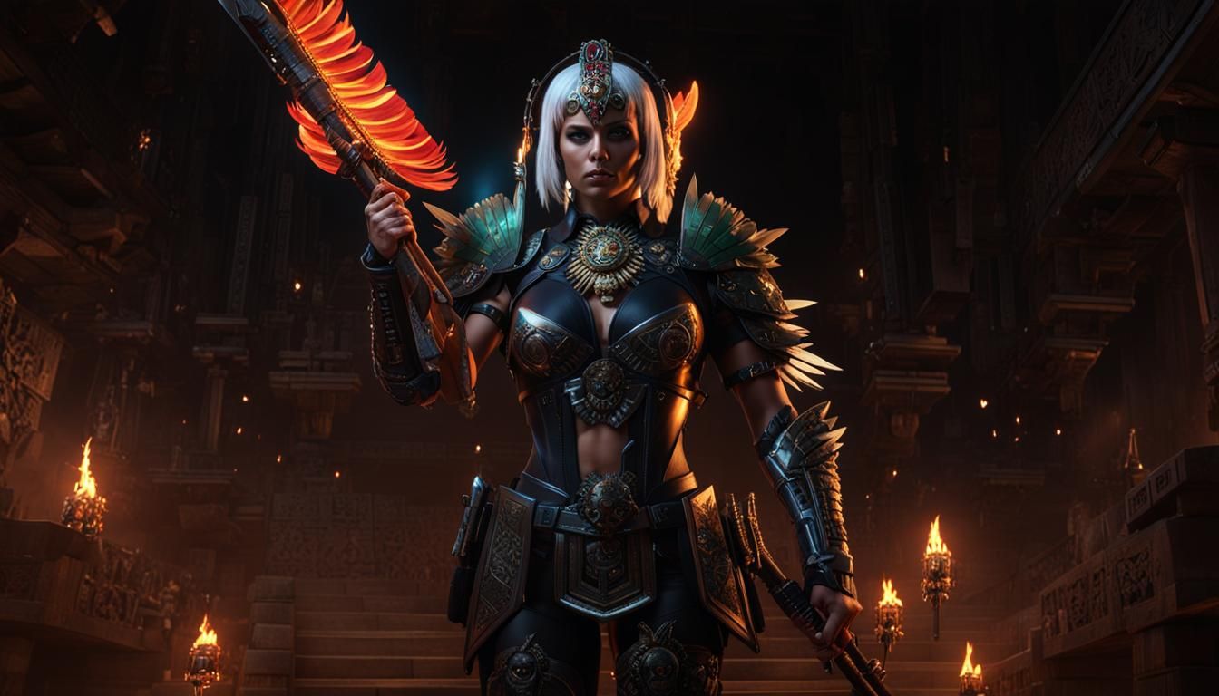 Aztec Warrior Woman in Cyberpunk Servo-Armor