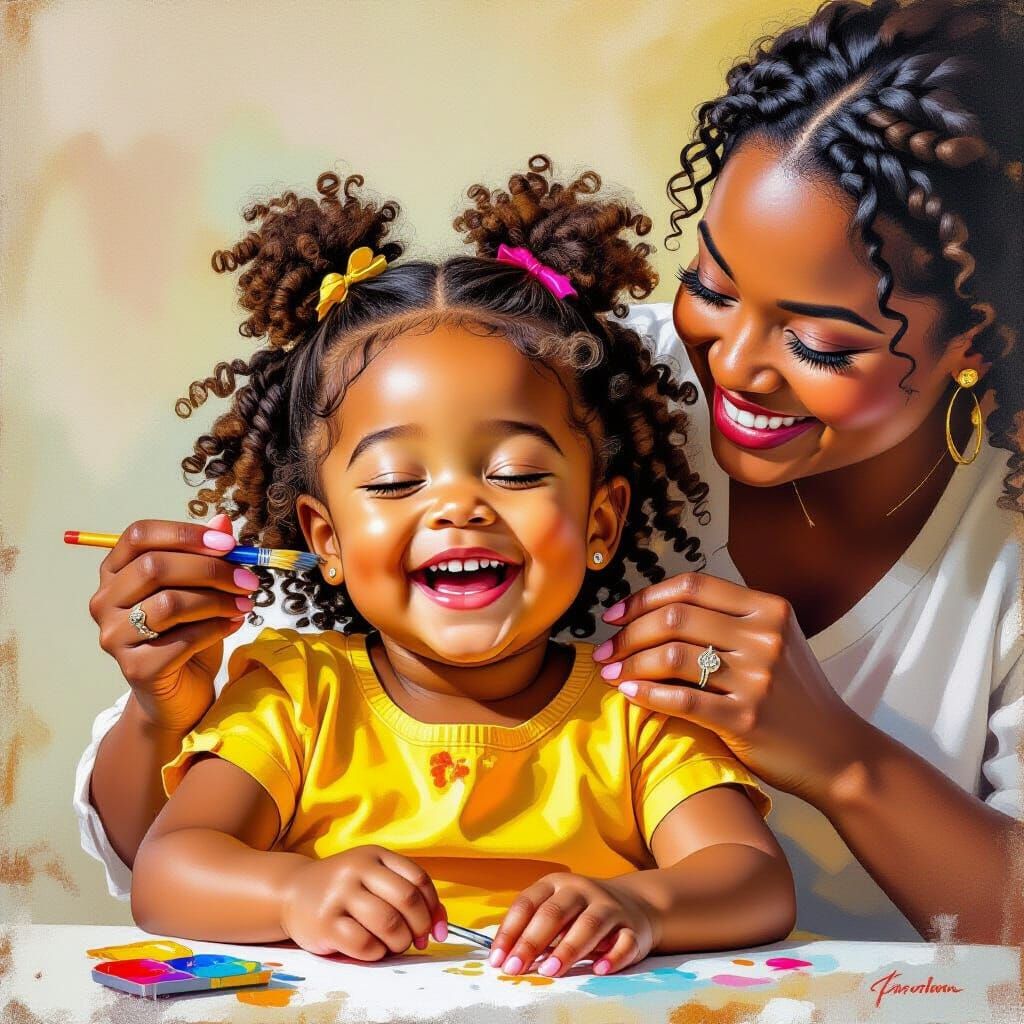 Black Girl's Hair Retwisted by Mother in Vibrant Painting