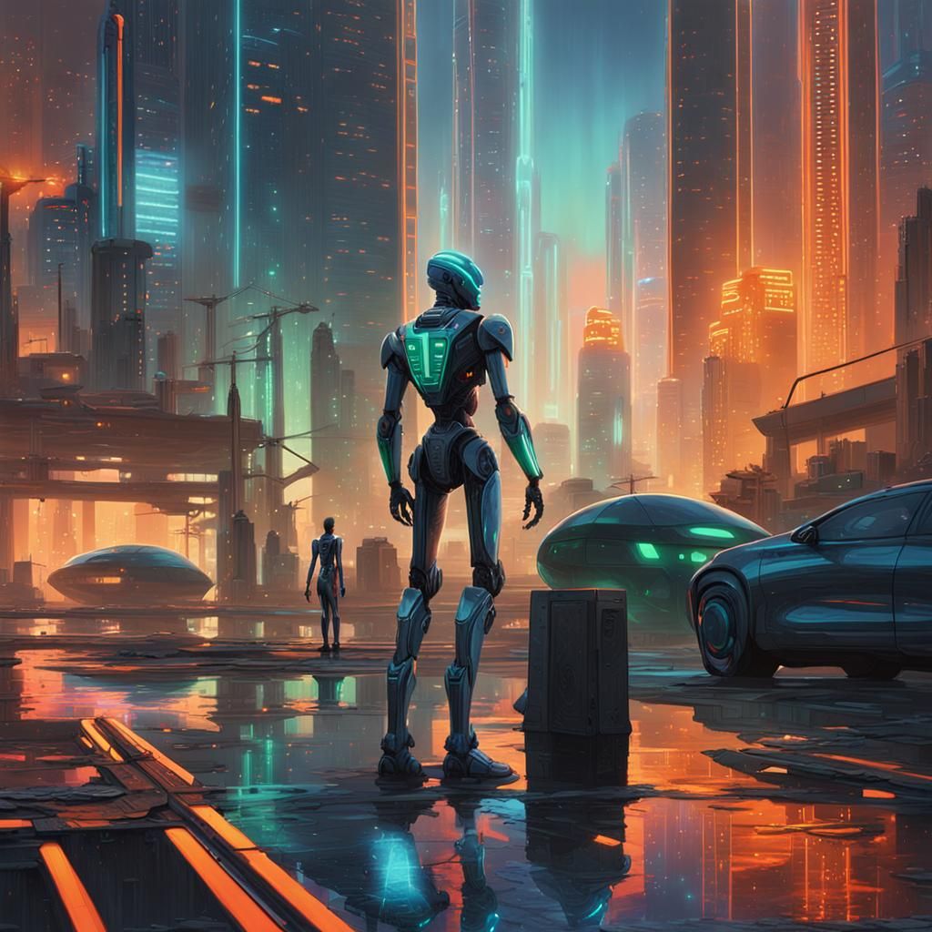 Futuristic Cityscape with Humanoid Robot in Neon Noir
