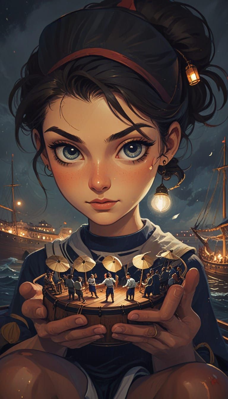 Sailor Drummer Entertains Crew on Ship Deck at Night