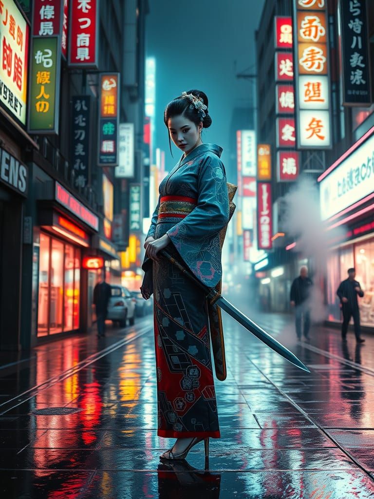 Cyberpunk Geisha in Neon Tokyo