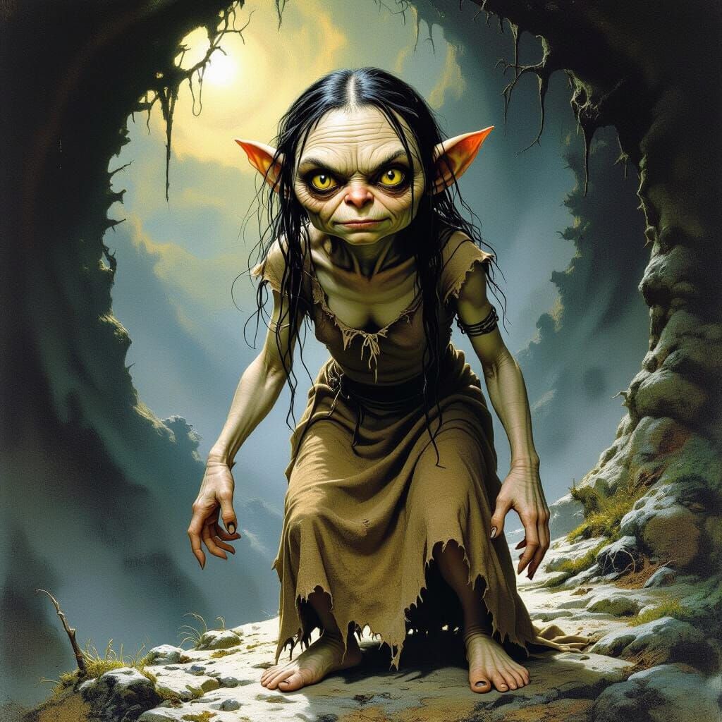 Eerie Creature in Tattered Dress: A Mystical Fantasy