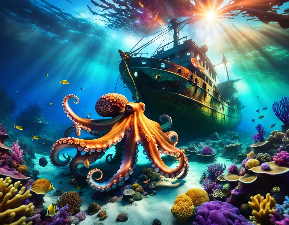 Underwater Octopus and Shipwreck with Coral
