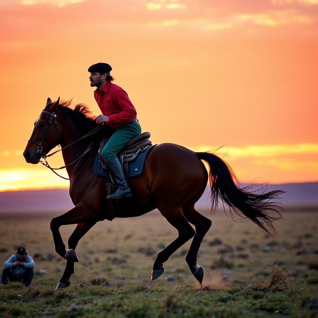 Argentine Gaucho Rides Sunset Pampas on Chestnut Horse
