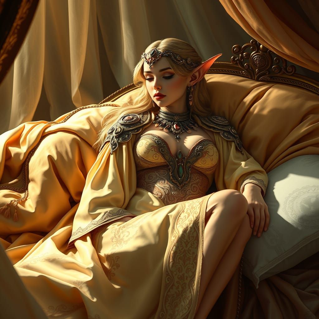 Elegantly Dressed Elf in Luxurious Velvet-Draped Bed