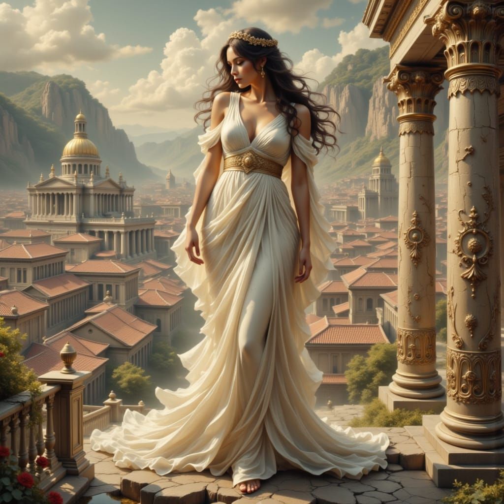Greco-Roman Goddess Overlooks City in Art Nouveau Style