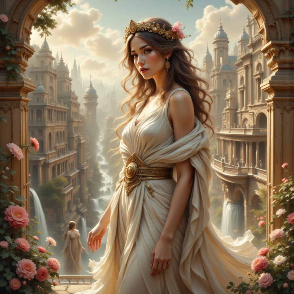 Greco-Roman Goddess Overlooks Art Nouveau City