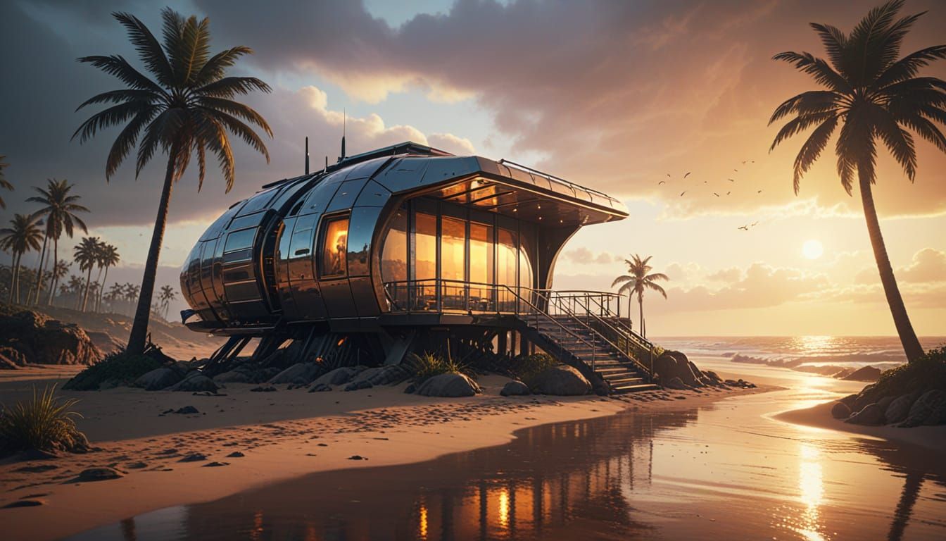 Futuristic Solarpunk Cottage on Beach at Sunset
