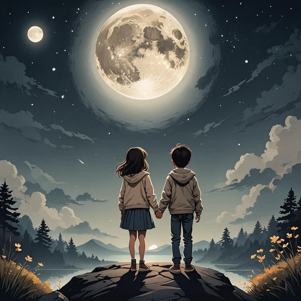 Boy and Girl Watching a Full Moon Rise