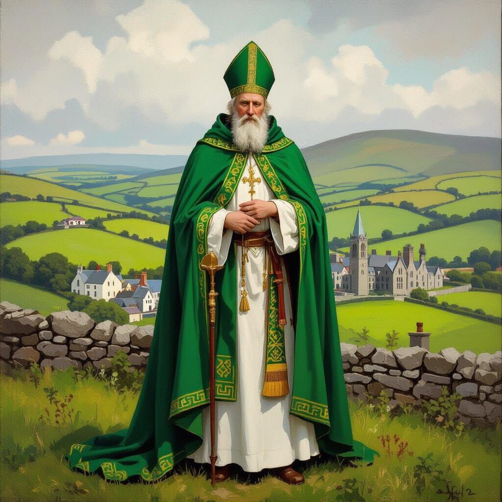 St. Patrick in Emerald Irish Landscape, Impressionistic Styl...