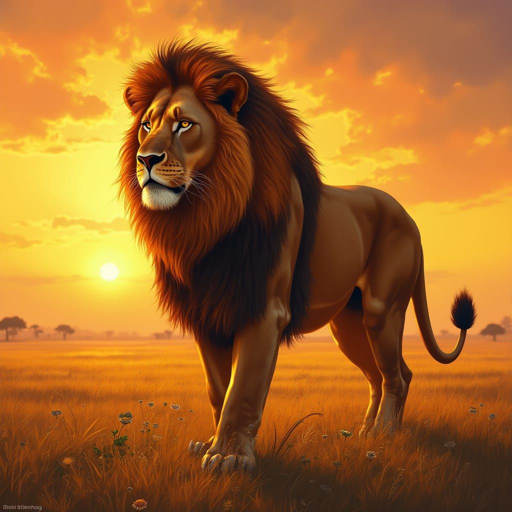 Lion in Savannah Sunset, Digital Art