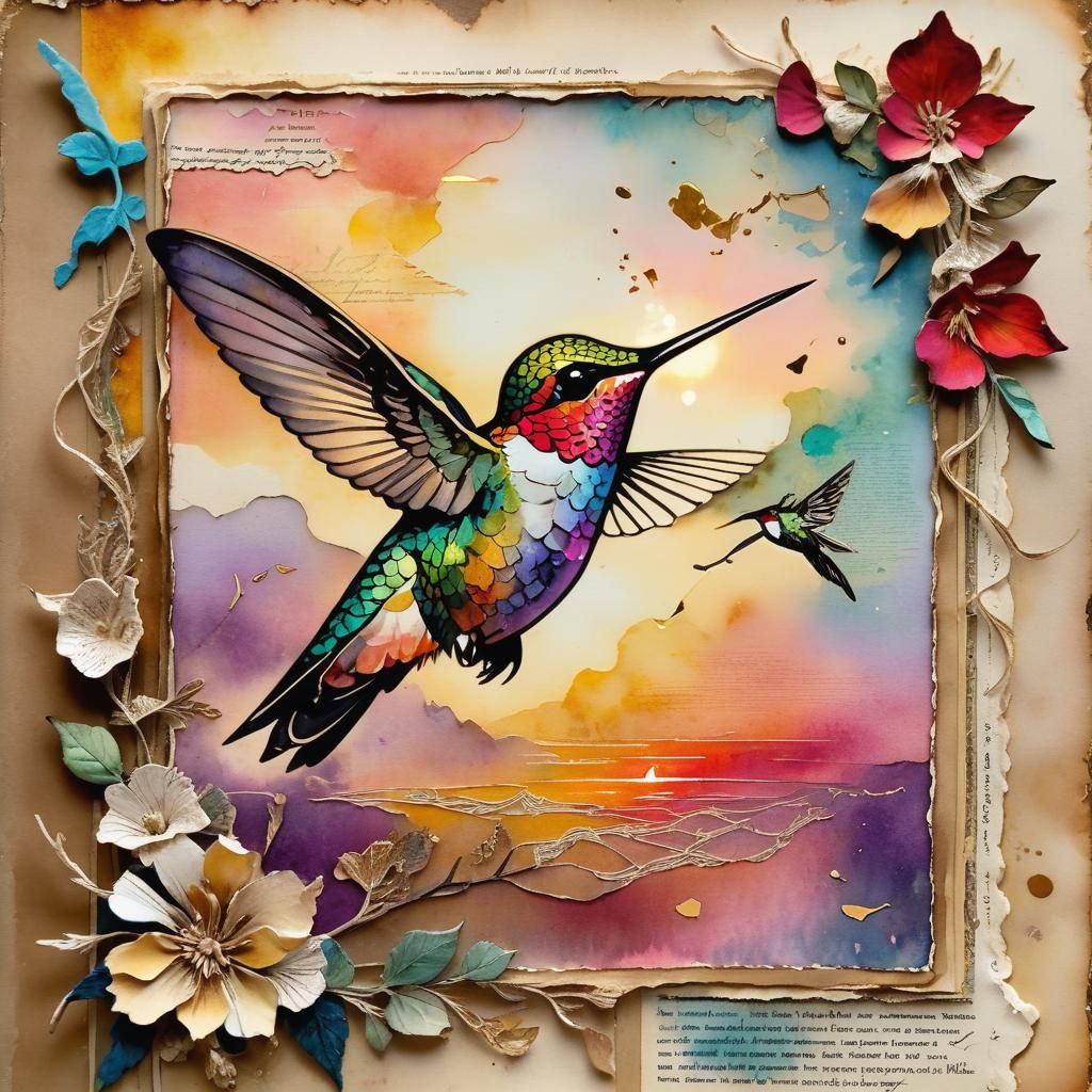 Hummingbird Sunset in Eclectic Watercolor Style