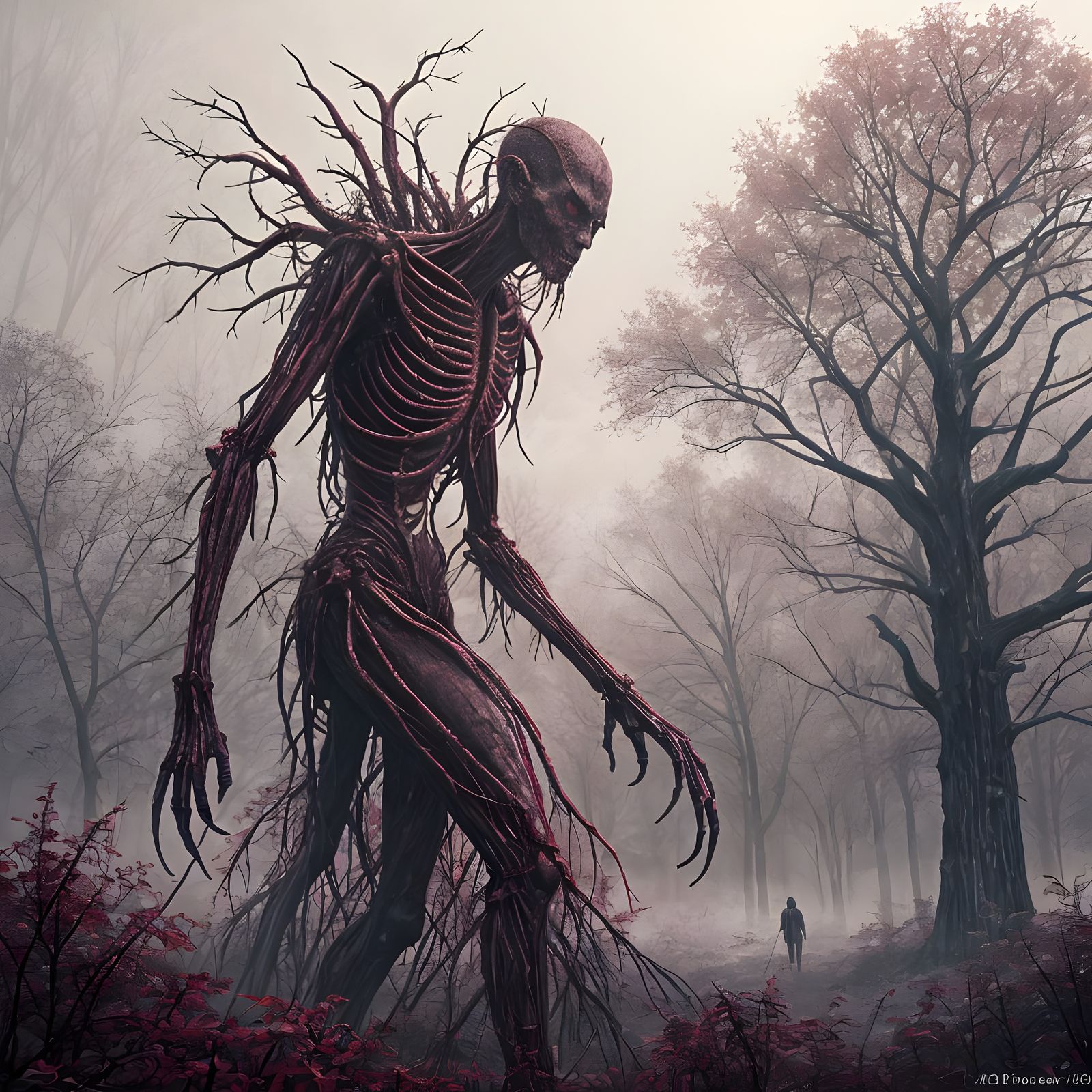 Eerie Skeletal Creature in Pointillist Style