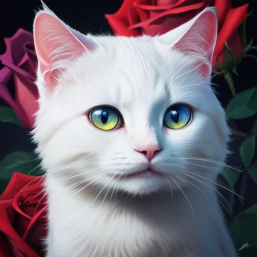 Cat with roses in background