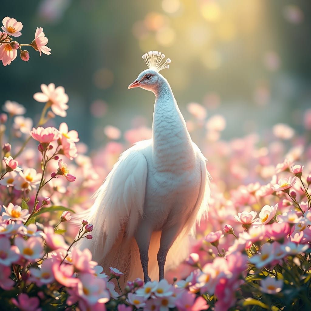 Serenely Standing White Peacock in Vibrant Blooming Garden