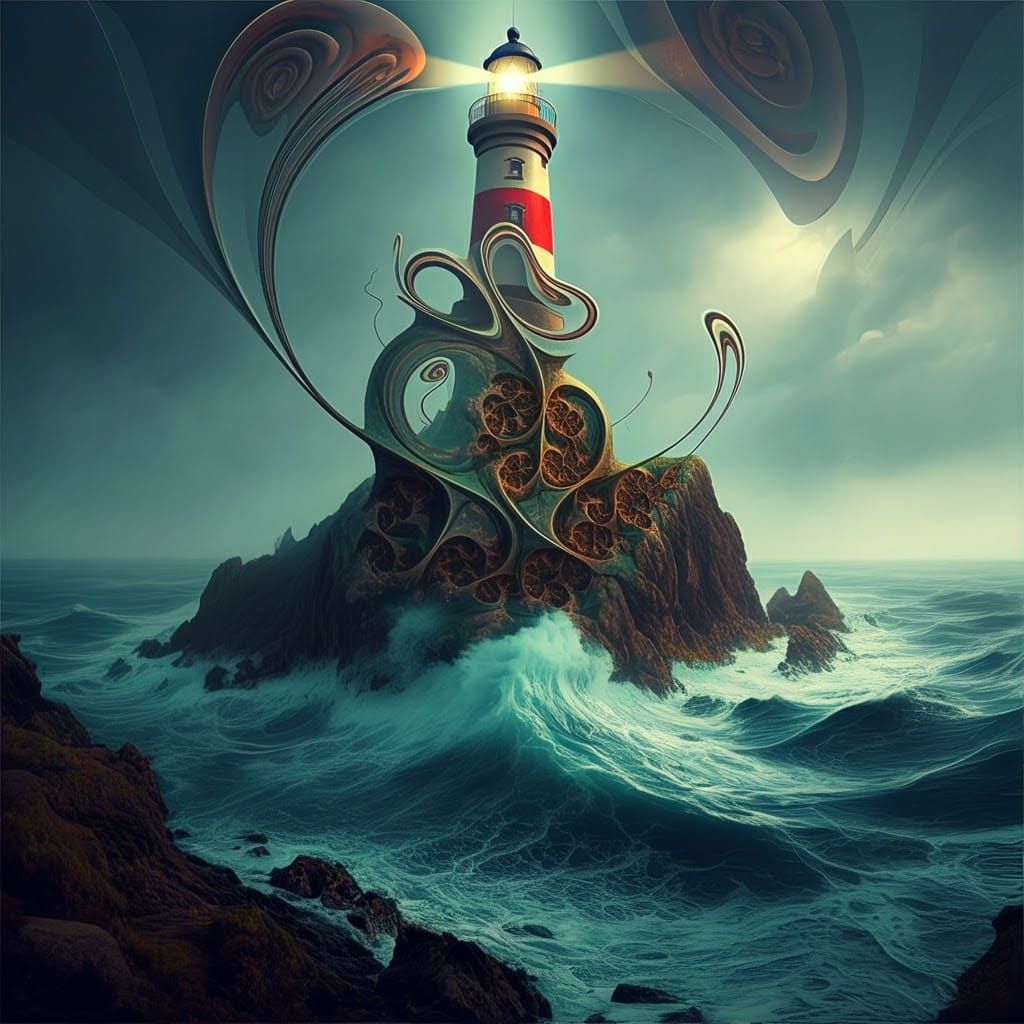 Surreal Lighthouse on Stormy Coastline, Dreamlike