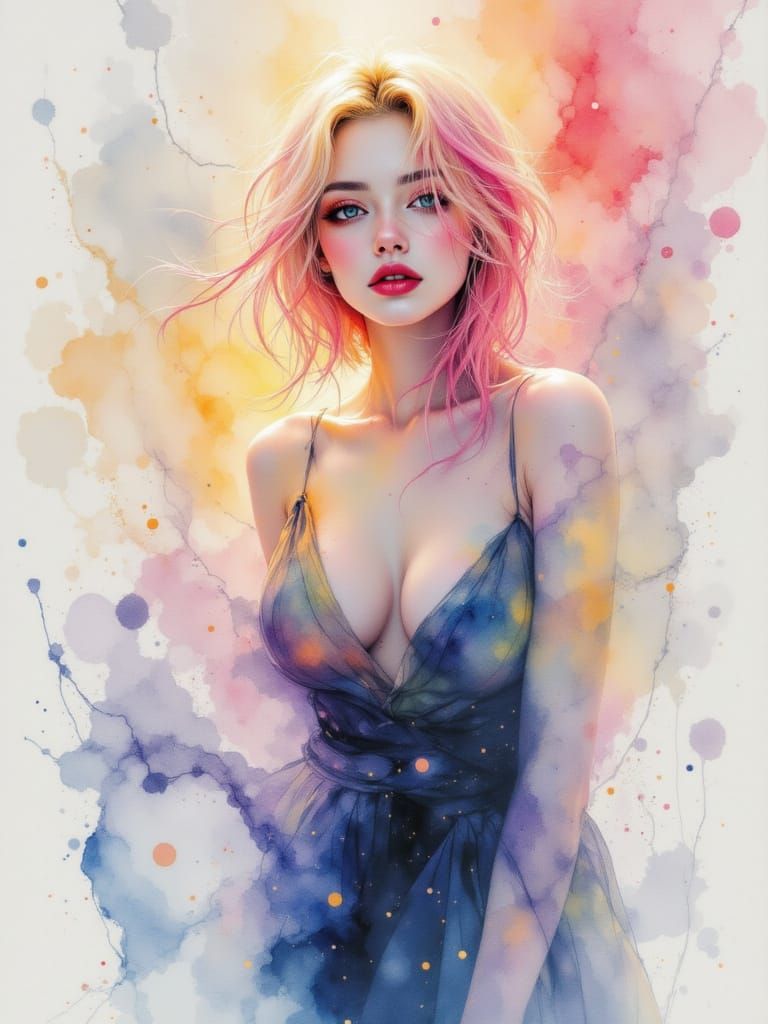 Blond Pin-Up Woman in Luminous Watercolor Style