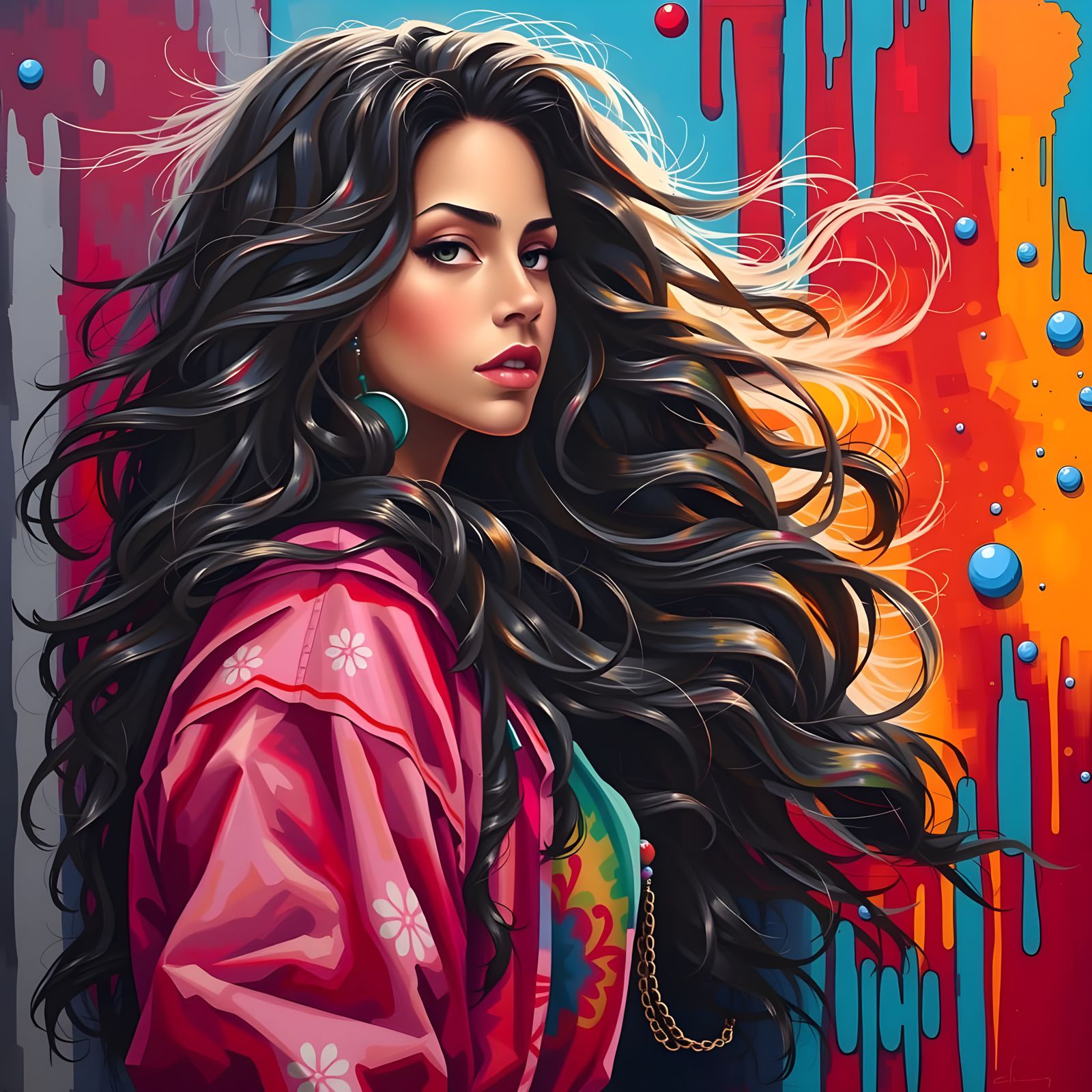 Vibrant Hispanic Girl in Colorful Embroidered Blouse and Flo...