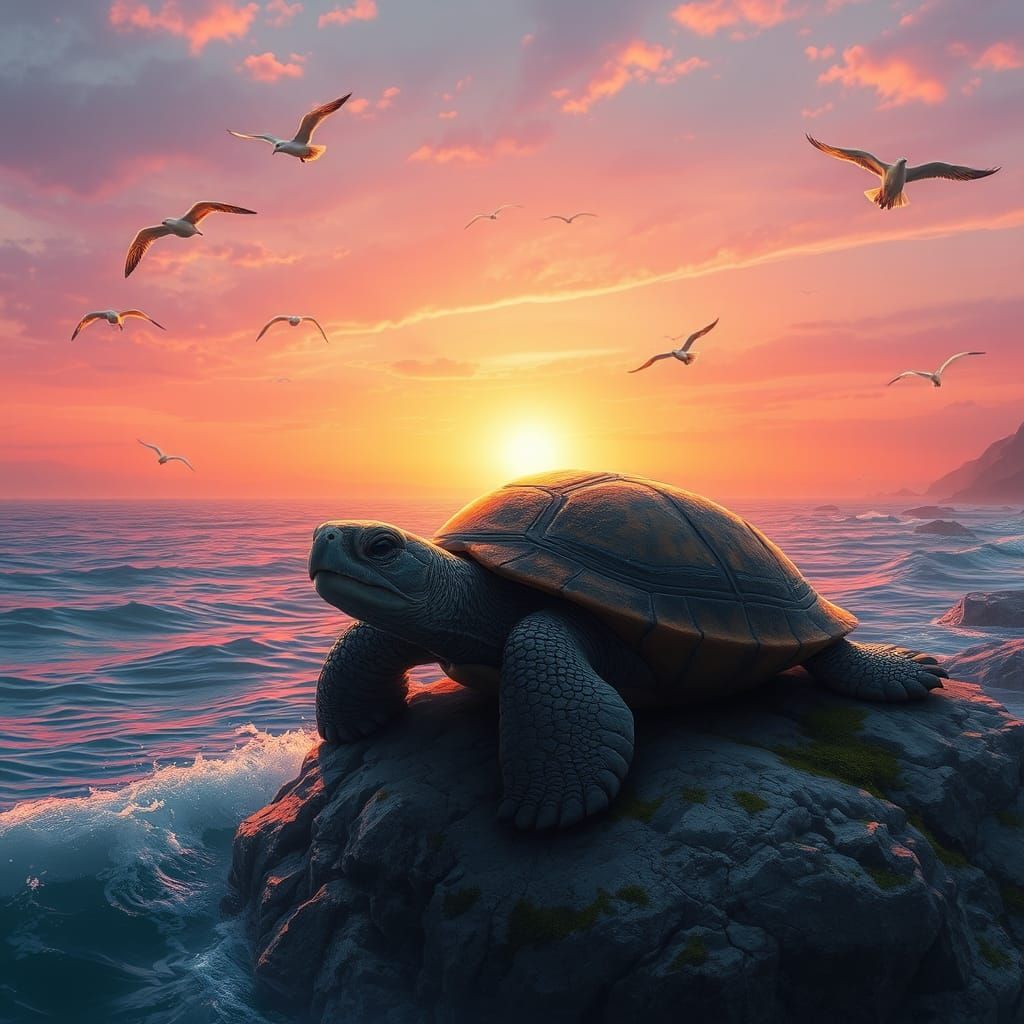 Ancient Turtle Meditates by Ocean in Surreal Style