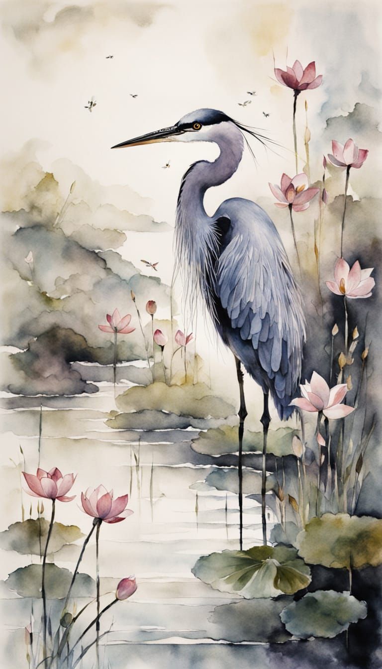 Heron in Misty Pond, Japanese Watercolor Painting