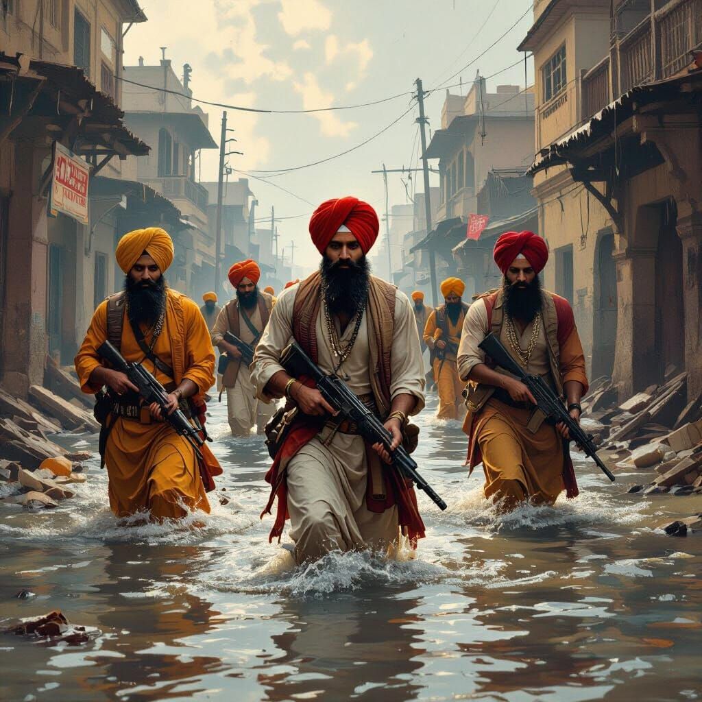 Sikhs Defending Community from Flood, Dramatic Lighting