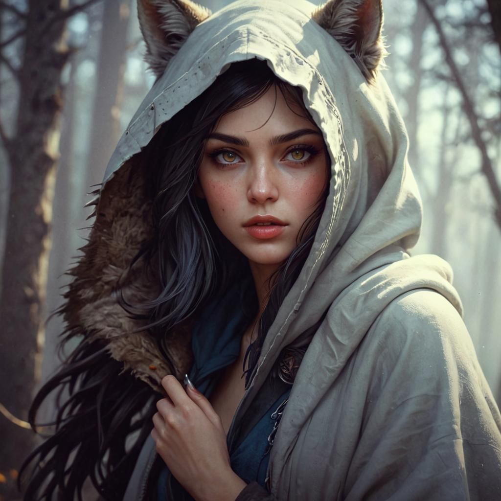 Wolf Girl Portrait in Hyperdetailed Splash Art Style