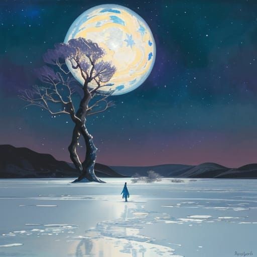 Lone Figure Under Starry Winter Sky in Gouache Style