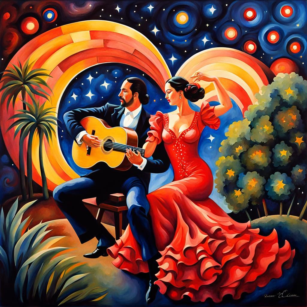 Flamenco Dancer Under Stars: Vivid Watercolor Painting