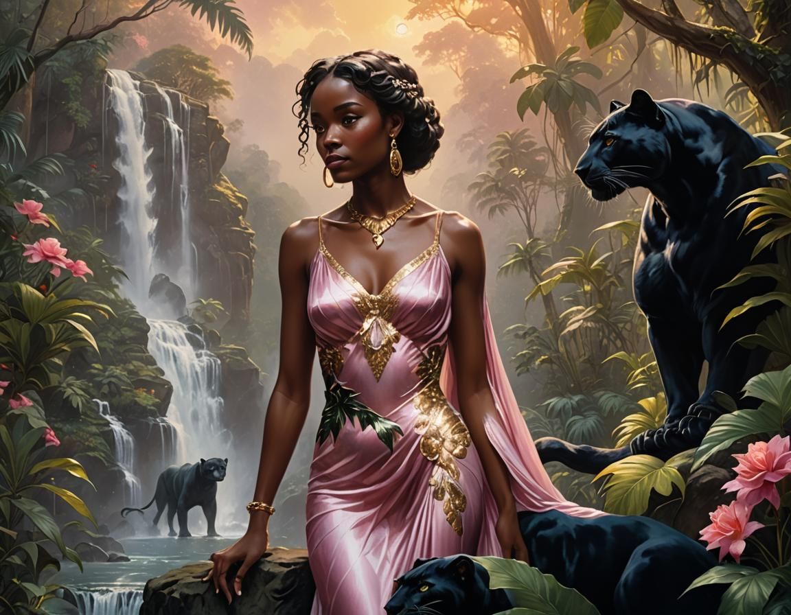 Ebony Woman with Panther at Tropical Waterfall